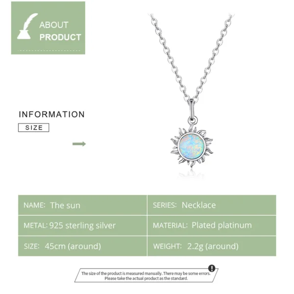 Bamoer 925 Sterling Silver White Opal Sun Pendant Necklace Apollo Chain Necklaces for Women Birthday Gift  Jewelry 17.71'' - Imagen 7