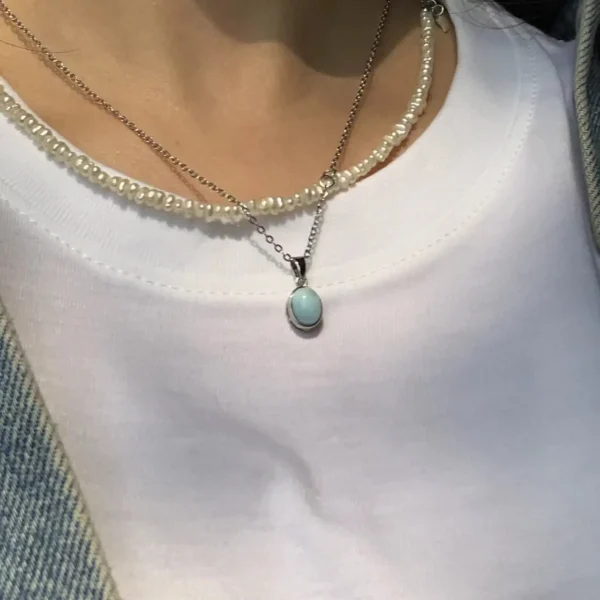 HEYYA STONE Oval Natural Larimar Pendant Necklace For Women 925 Silver Plated Simple Fine Jewelry Gemstone Classic Style - immagine 7