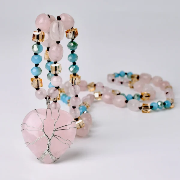 Natural Stone Rose Quartz Blue Crystal Bead Love Pendant Long Necklace Bohemian Women's Fashion and Exquisite Holiday Jewelry