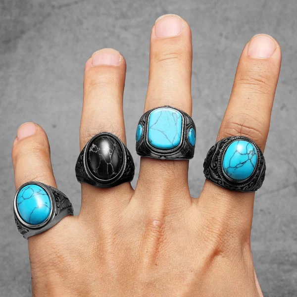 Black Turquoise Carved Men Rings Stainless Steel Women Jewelry Vintage Punk Rock Cool Stuff Fashion Accessories Gift Wholesale - Imagen 8