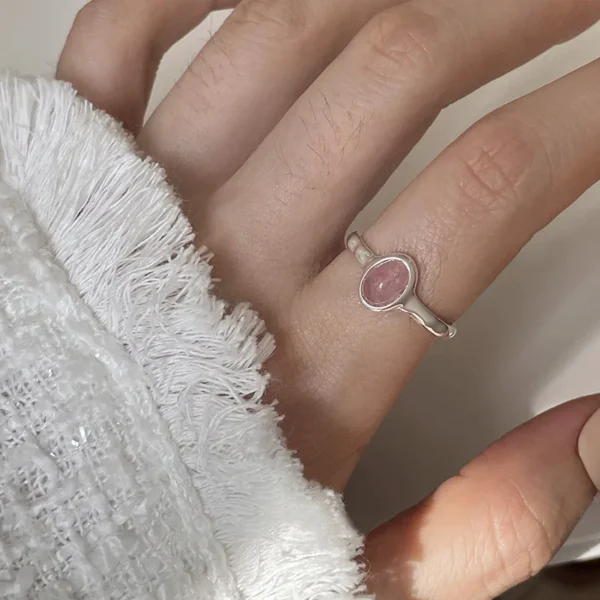 925 Sterling Silver Simple Retro Pink Stone Rings For Women Geometric Fashion Smiple Open Handmade Allergy Party Jewelry Gift - Imagen 7