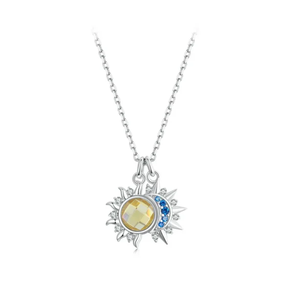 WOSTU 925 Sterling Silver Moon Sun Pendant Necklace Women Blue CZ Yellow Crystal Charm Necklaces Valentine's Mother's Day Gifts