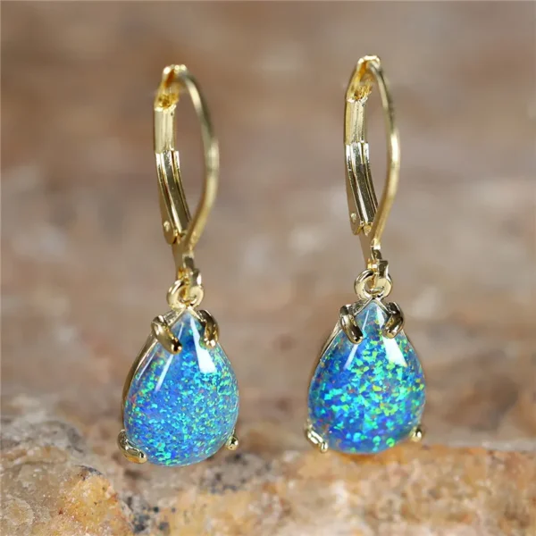 Female White Fire Opal Stone Classic Gold Color Water Drop Earrings Cute Dangle Boho Jewelry For Women - immagine 2