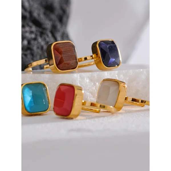 Yhpup Colorful Opal Natural Cat Eye Stone Stainless Steel Square Open Ring High Quality Rust Proof Gold Color Finger Jewelry – Image 10