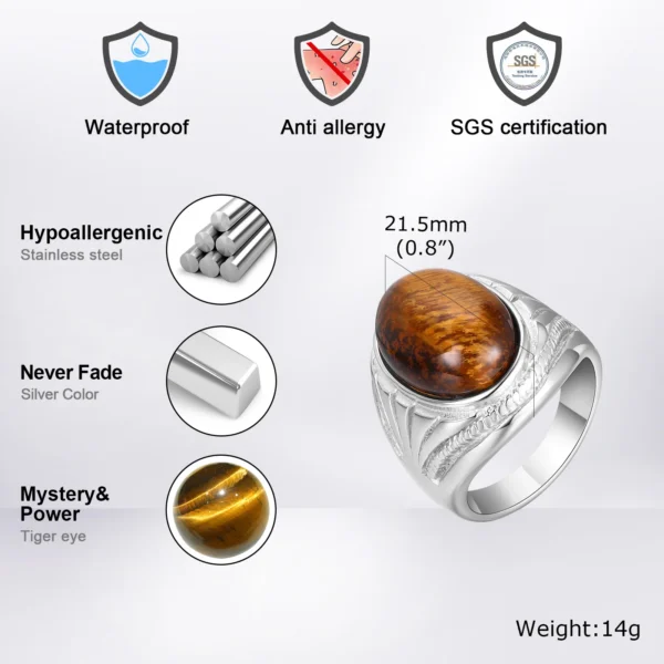 Brown Oval Rings for Men Boys,Natural Tiger Eye Stone Stainless Steel Ring,Punk Jewelry Gifts to Father Dad Husband Boyfriend – Bild 7