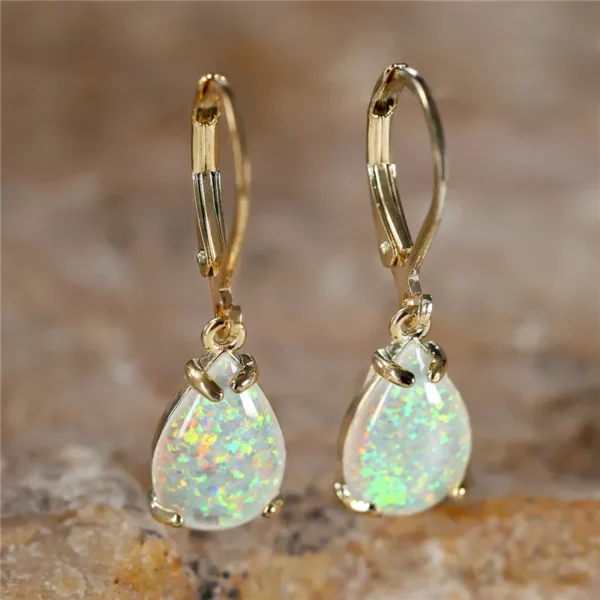 Female White Fire Opal Stone Classic Gold Color Water Drop Earrings Cute Dangle Boho Jewelry For Women