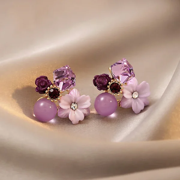 Purple Crystal Flower Stud Earrings For Woman  Korean Fashion Jewelry Wedding Party Girl Elegance Set Accessories - Image 4