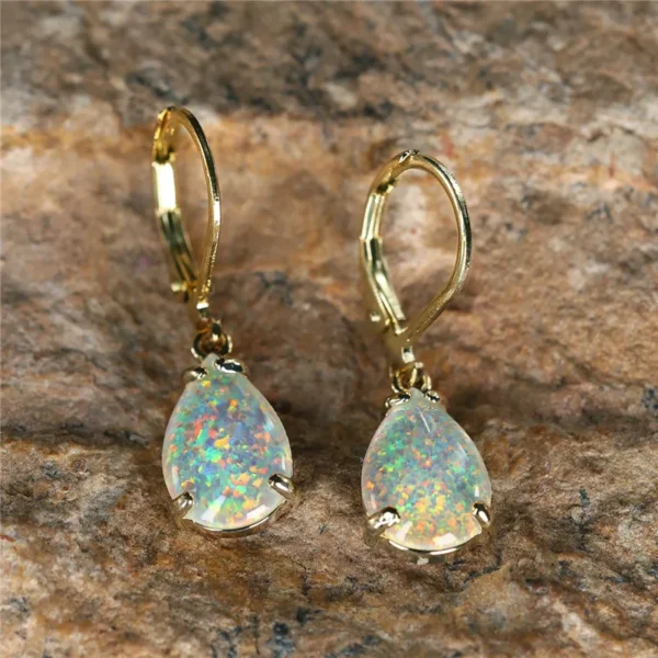 Female White Fire Opal Stone Classic Gold Color Water Drop Earrings Cute Dangle Boho Jewelry For Women - immagine 6