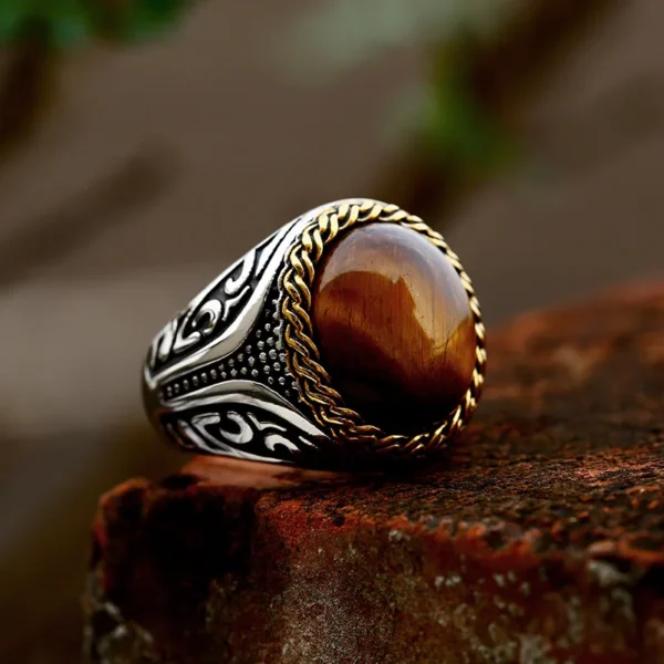 Beier 316L Stainless Steel Vintage White And Tiger Eye Brown Eye Men's Ring Fashion High Quality Jewellery LLBR8-699R – Image 3