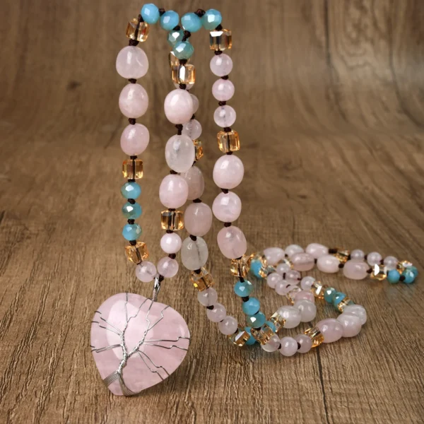 Natural Stone Rose Quartz Blue Crystal Bead Love Pendant Long Necklace Bohemian Women's Fashion and Exquisite Holiday Jewelry – Image 2